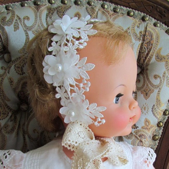 FLOWER GIRL WEDDING HEADBAND, TODDLER BIRTHDAY PARTY, WHITE LACE w RIBBONS, EUC - Picture 3 of 6